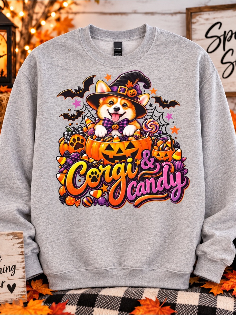 Corgi & Candy Halloween Graphic Sweatshirt - Gray. ADULT